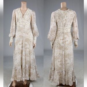 Unbranded Vintage 70s Beige Tan Floral Bohemian Maxi Party Prom Dress sz 8